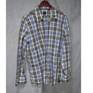 Hugo Boss “Lucas” Plaid Button-Down Shirt Blue Brown White Made in Italy 2XL